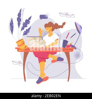 Selbständige oder freiberufliche Frau in Pantoffeln arbeiten von zu Hause aus auf Laptop, flache Vektor-Illustration. Stock Vektor