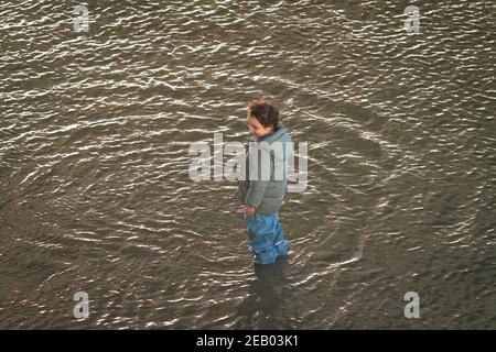 Rheinflut am 4th. Februar. 2021, Kind steht im Wasser am überfluteten Rheinufer in Deutz, Köln, Deutschland. Hochwasser des Rhei Stockfoto