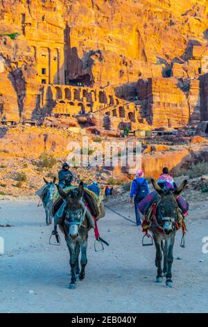 PETRA, JORDANIEN, 2. JANUAR 2019: beduinen reiten auf einem Esel vor dem Urnengrab in petra, Jordanien Stockfoto