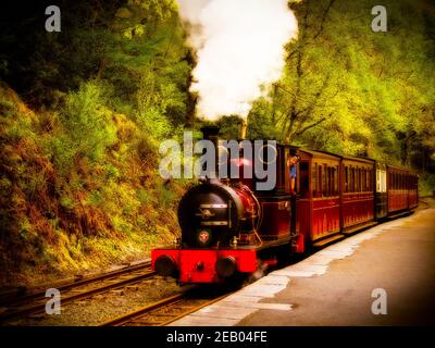 Dampflokomotive Nr. 2 Dolgoch auf der Talyllyn-Bahn Ankunft am Bahnhof Abergynolwyn in Snowdonia. Dolgoch wurde 1866 von Fletcher Jennings gebaut. Stockfoto