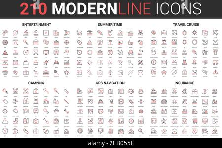 210 moderne rote schwarze dünne Linie Symbole Satz von Unterhaltung, Sommerzeit, Reise Kreuzfahrt, Camping, gps-Navigation, Versicherung Sammlung Vektor Illustration. Stock Vektor