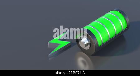 Akku wird geladen. Konzept der elektrischen Stromversorgung, Symbol der Handy-App. Grüner Akkumulator mit Füllstandsanzeige und Blitz auf GRA Stockfoto