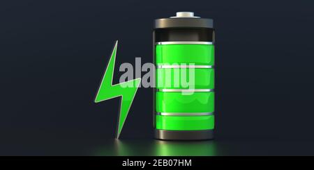 Akku wird geladen. Konzept der elektrischen Stromversorgung, Symbol der Handy-App. Grüner Akkumulator mit Füllstandsanzeige und Blitze auf bla Stockfoto