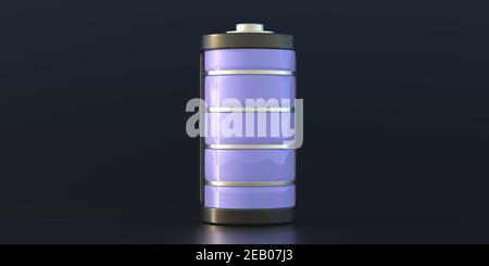 Akku Laden Sie die volle Energie auf. Blauer Akkumulator auf schwarzem Hintergrund, High-Level-Anzeige. Konzept der elektrischen Versorgungsquelle, Handy App Symbo Stockfoto