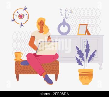 Junge selbstständige Frau, die von zu Hause aus am Laptop arbeitet, flache Vektorgrafik. Stock Vektor