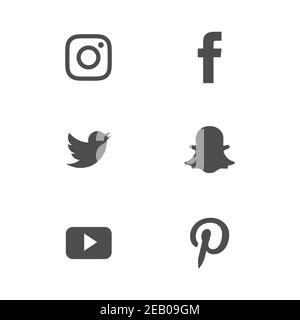 Satz von beliebten Social Media-Symbolen. Instagram, Facebook, Twitter, Snapchat, WhatsApp und Pinterest Icons. Stock Vektor