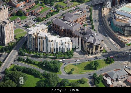 Luftaufnahmen von Leeds, einschließlich der ersten Direct Arena (auch bekannt als Leeds Arena) im Bau, Leeds, West Yorkshire Stockfoto