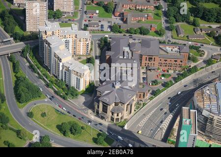 Luftaufnahmen von Leeds, einschließlich der ersten Direct Arena (auch bekannt als Leeds Arena) im Bau, Leeds, West Yorkshire Stockfoto