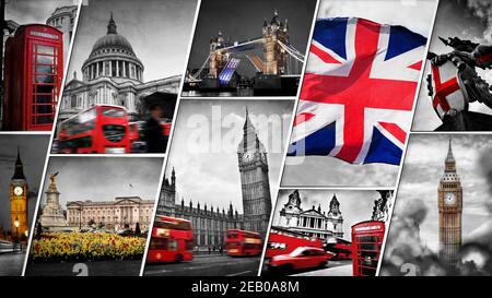 Collage der Symbole von London, Großbritannien. Rote Busse, Big Ben, St Paul's Cathedral, St George Drachenstatue, Buckingham Palace, Telefonzelle und Th Stockfoto