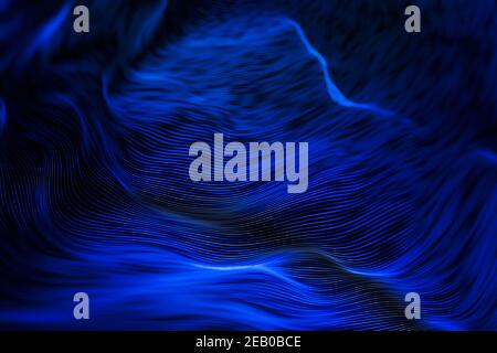 Schöne abstrakte wellige Kurven, dunkelblaue digitale Technologie Hintergrund, selektiver Fokus, Unternehmenskonzept Stockfoto
