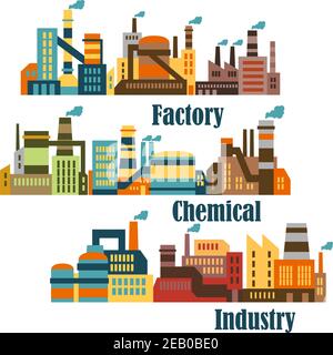 Chemische und industrielle Fabriken mit Rauchrohren in flachem Stil Für verschiedene Industriedesigns Stock Vektor