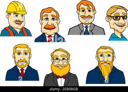 Verschiedene Cartoon-Männer als Baumeister, Arzt, Geschäftsleute und Senioren mit Bart Stock Vektor