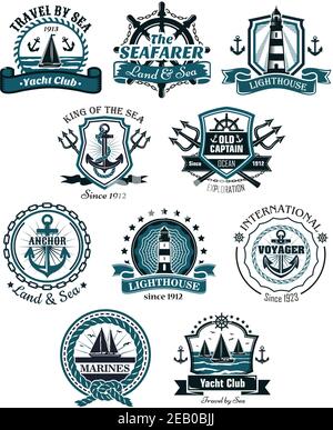 Marine Embleme und Banner mit Helm, Seil, Yacht, Leuchtturm, Dreizack, Anker und Schiffe Stock Vektor