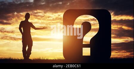 Mann zeigt auf Fragezeichen. 3D Rendern. Problemlösung. Häufig Gestellte Fragen. Stockfoto