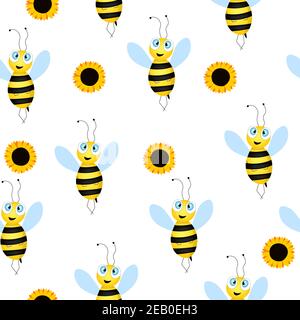 Nahtloses Muster mit Bienen und Sonnenblumen auf weißem Hintergrund. Kleine Wespe. Flache Vektorgrafik. Entzückende Cartoon-Figur. Vorlagendesign für Stock Vektor