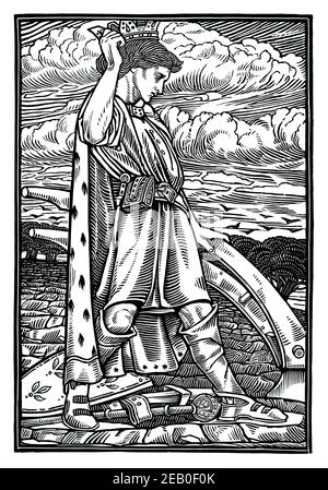 1892 Holzblock gedruckte Illustration von Kelmscott Press A Dream of John Ball and A King's Lesson, von englischem Künstler Bernard Sleigh 1898 das Gestüt Stockfoto