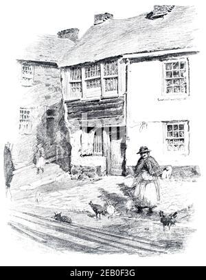 Bleistiftskizze der Frau, die Hühner in der engen Straße von St Ives Cornwall 1890s füttert, von Robert Morton Nance 1898 The Studio an Illustrated Magazine Stockfoto