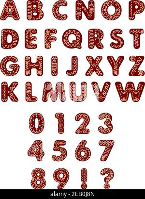 Weihnachten Lebkuchen Cookie Alphabet und Ziffern auf weißem Hintergrund Stock Vektor