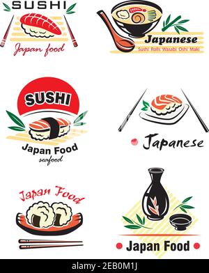 Meeresfrüchte-Embleme für japanische Restaurants, Sushi-Bars, Sushi-Menü mit Sushi, Brötchen, Nigiri, Suppe, Sauce, Essstäbchen auf weißem Hintergrund Stock Vektor
