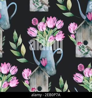 Muster mit Blumen und Pflanzen. Aquarell florale Illustration.Nahtloses Muster. Stockfoto