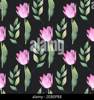 Aquarell Illustration von Tulpen Blumen, nahtlose Muster. Stockfoto