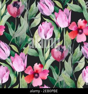 Schönes nahtloses Blumenmuster mit Aquarell-Effekt. Blumendarstellung Stockfoto