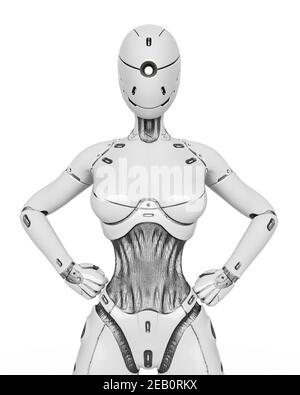 Gynoid ist der super fembot macht eine Power-Action Pose in weißem Hintergrund, 3d-Illustration Stockfoto