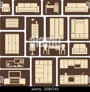 Kollektion von modernen beigen Möbeln und Interieur-Elemente Ikonen in flachem Design für Wohnzimmer, Küche, Esszimmer und Lounge auf braunem Hintergrund für Stock Vektor