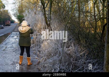 Iver, Buckinghamshire, Großbritannien. 11th. Februar 2021. Die Menschen machten Fotos und filmten Bäume neben einer Straße in Iver, die in einen magischen Eiszackenturm verwandelt wurden, da das vom vorbeifahrenden Verkehr aufgeworfene Hochwasser gefroren bleibt und wie ein Filmset aussieht. Die Temperaturen unter dem Nullpunkt sind so eingestellt, dass sie bis zu diesem Sonntag andauern. Quelle: Maureen McLean/Alamy Live News Stockfoto