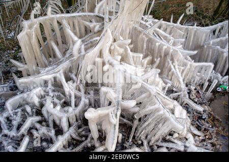 Iver, Buckinghamshire, Großbritannien. 11th. Februar 2021. Bäume neben einer Straße in Iver wurden in einen magischen Eiszackturm verwandelt, während das vom vorbeifahrenden Verkehr aufgeworfene Hochwasser gefroren bleibt und wie ein Filmset aussieht. Die Temperaturen unter dem Nullpunkt sind so eingestellt, dass sie bis zu diesem Sonntag andauern. Quelle: Maureen McLean/Alamy Live News Stockfoto