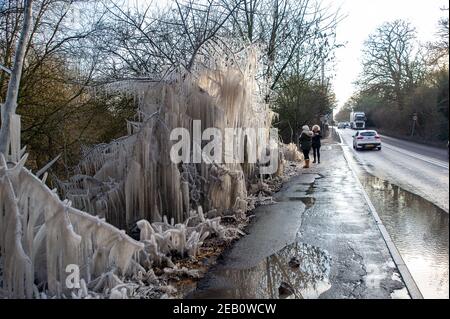 Iver, Buckinghamshire, Großbritannien. 11th. Februar 2021. Bäume neben einer Straße in Iver wurden in einen magischen Eiszackturm verwandelt, während das vom vorbeifahrenden Verkehr aufgeworfene Hochwasser gefroren bleibt und wie ein Filmset aussieht. Die Temperaturen unter dem Nullpunkt sind so eingestellt, dass sie bis zu diesem Sonntag andauern. Quelle: Maureen McLean/Alamy Live News Stockfoto