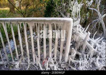 Iver, Buckinghamshire, Großbritannien. 11th. Februar 2021. Bäume neben einer Straße in Iver wurden in einen magischen Eiszackturm verwandelt, während das vom vorbeifahrenden Verkehr aufgeworfene Hochwasser gefroren bleibt und wie ein Filmset aussieht. Die Temperaturen unter dem Nullpunkt sind so eingestellt, dass sie bis zu diesem Sonntag andauern. Quelle: Maureen McLean/Alamy Live News Stockfoto