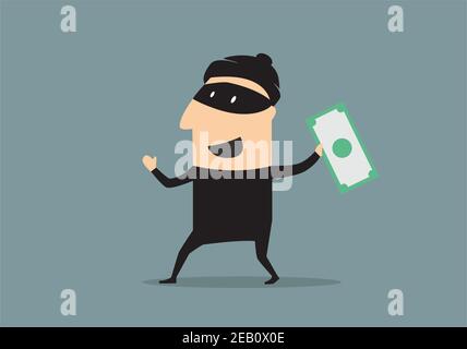 Aufgeregt lächelnd Cartoon Dieb in schwarzer Maske und Kostüm in Flacher Stil mit einer gestohlenen Dollar-Banknote Stock Vektor