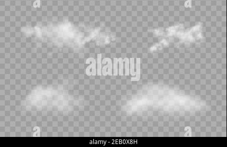 Realistische isolierte Wolken auf dem transparenten Hintergrund gesetzt. Stock Vektor