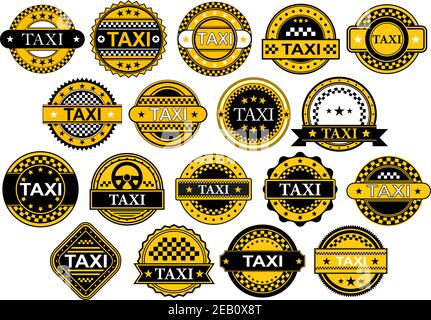 Etiketten oder Embleme für Taxi und öffentliche Verkehrsmittel in Karierte gelbe und schwarze Farben mit Sternen und Text Taxi Im Retro-Stil Stock Vektor