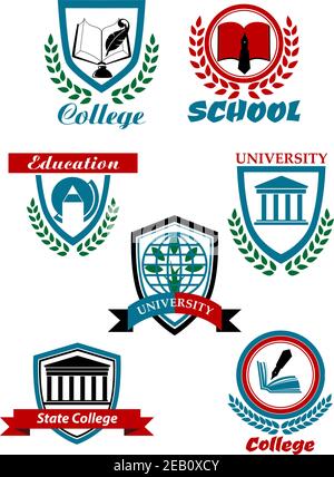 Bildung heraldisches Logo, Embleme für Schule, Hochschule, Universität mit Büchern, Kugelschreiber, Globus, Gebäude, Baum umrandete Schilde oder Briefmarken mit Lorbeerkranz Stock Vektor