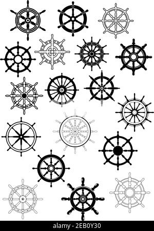 Retro-Schiffsrad Symbol in schwarzer Farbe und Umriss gesetzt Stil für nautische Maskottchen oder Logo-Design Stock Vektor