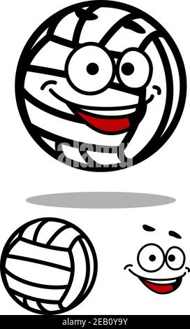 Lachende weiße Volleyball-Ball im Cartoon-Stil mit Schatten und Zweite Variante mit lächelndem Gesicht und Ball getrennt für den Sport Maskottchen-Design Stock Vektor