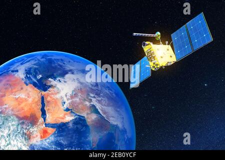 Forschung, Sondierung, Überwachung in der Atmosphäre. Kommunikationssatellit im Orbit über der Oberfläche des Planeten Erde. Elemente dieses Bildes furniss Stockfoto