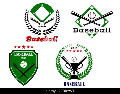 Baseball-Embleme mit gekreuzten Fledermäusen, Lorbeerkranzen, Pokal und Spielbasis Stock Vektor