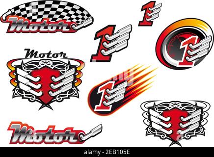 Racing und Motocross Embleme oder Symbole mit karierten Fahnen, Nummer eins und Auspuff Stock Vektor