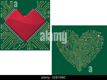 Computer-Motherboard mit Herz-Chip und Form für Liebe Konzept Design Stock Vektor