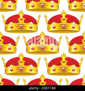 Goldene Königskrone mit Edelsteinen in nahtloser auf Weiß eingelegter Hintergrundmuster für Geschenkpapier oder Seitenfülldesign Stock Vektor