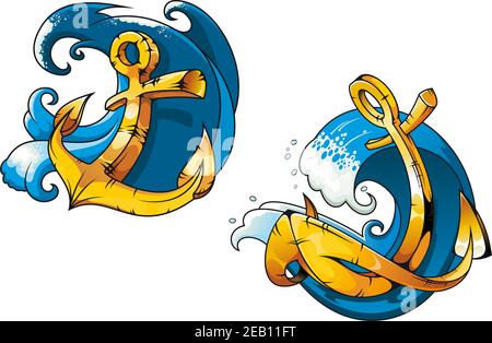 Farbige Cartoon Schiff Anker auf Meereswellen für Tattoo, Reise-oder Transport-Design Stock Vektor