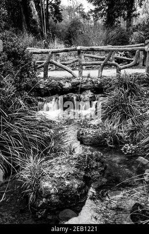 Schöne Brücke über den Bach in der Nähe von Daumesnil See in Vincennes Wald von Paris, Frankreich. Schwarz weiß historisches Foto Stockfoto