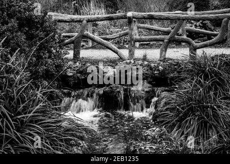 Schöne Brücke über den Bach in der Nähe von Daumesnil See in Vincennes Wald von Paris, Frankreich. Schwarz weiß historisches Foto Stockfoto