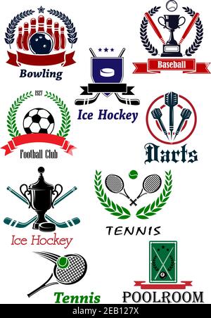 Sportliche Ikonen, Embleme und Symbole mit Darts, Bowling, Eishockey, Baseball, Fußball, Fußball, Tennis und Poolroom-Elementen Stock Vektor