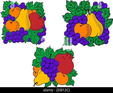 Frische Fruchtkompositionen mit Pfirsichen, Trauben, Äpfeln, Birnen und Granatapfel Stock Vektor