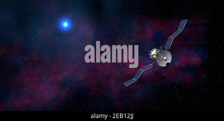 Ein einziger Satellit fliegt durch den tiefen Weltraum im Universum - 3D Abbildung Stockfoto