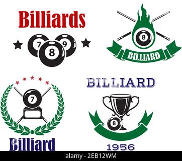 Billard-Embleme in traditionellen Farben mit gekreuzten Queues, Billardkugeln und Trophäenbecher verziert Lorbeerkranz, Band Banner und Sterne für Sport Stock Vektor